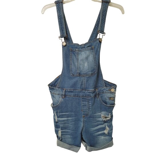 Denim Overall Shorts Distressed Ripped Chocolate USA L Adjustable Straps Pockets - Picture 1 of 8